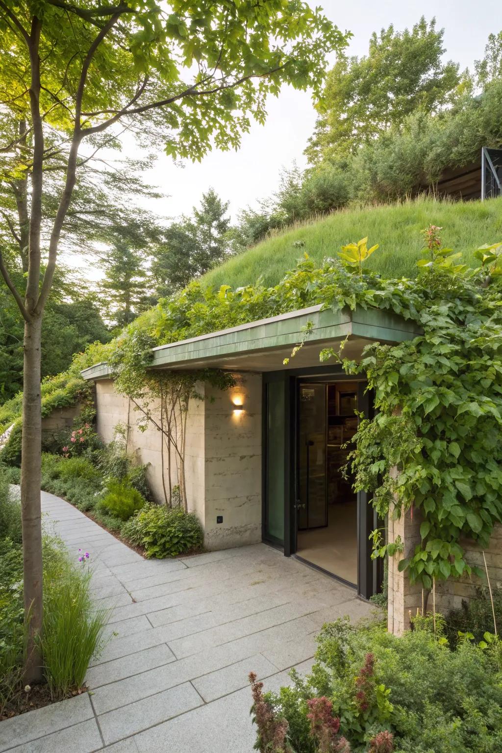 A green roof provides insulation and natural beauty.