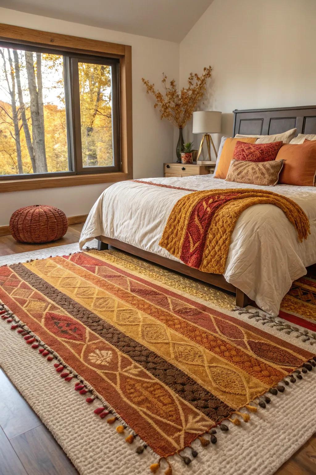 Layered rugs add texture and warmth to your bedroom floor.
