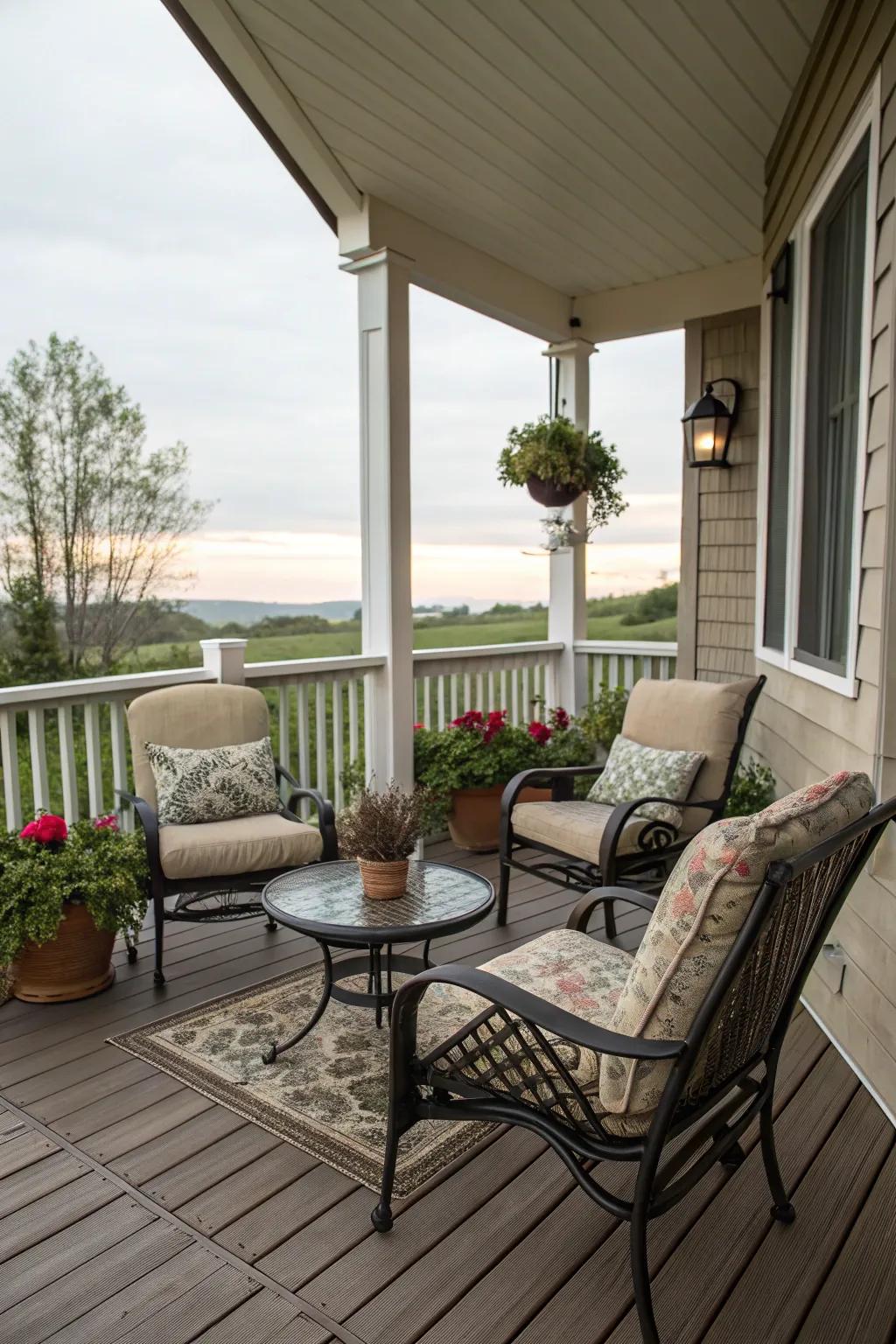 A cozy seating nook invites you to relax and enjoy the autumn air.
