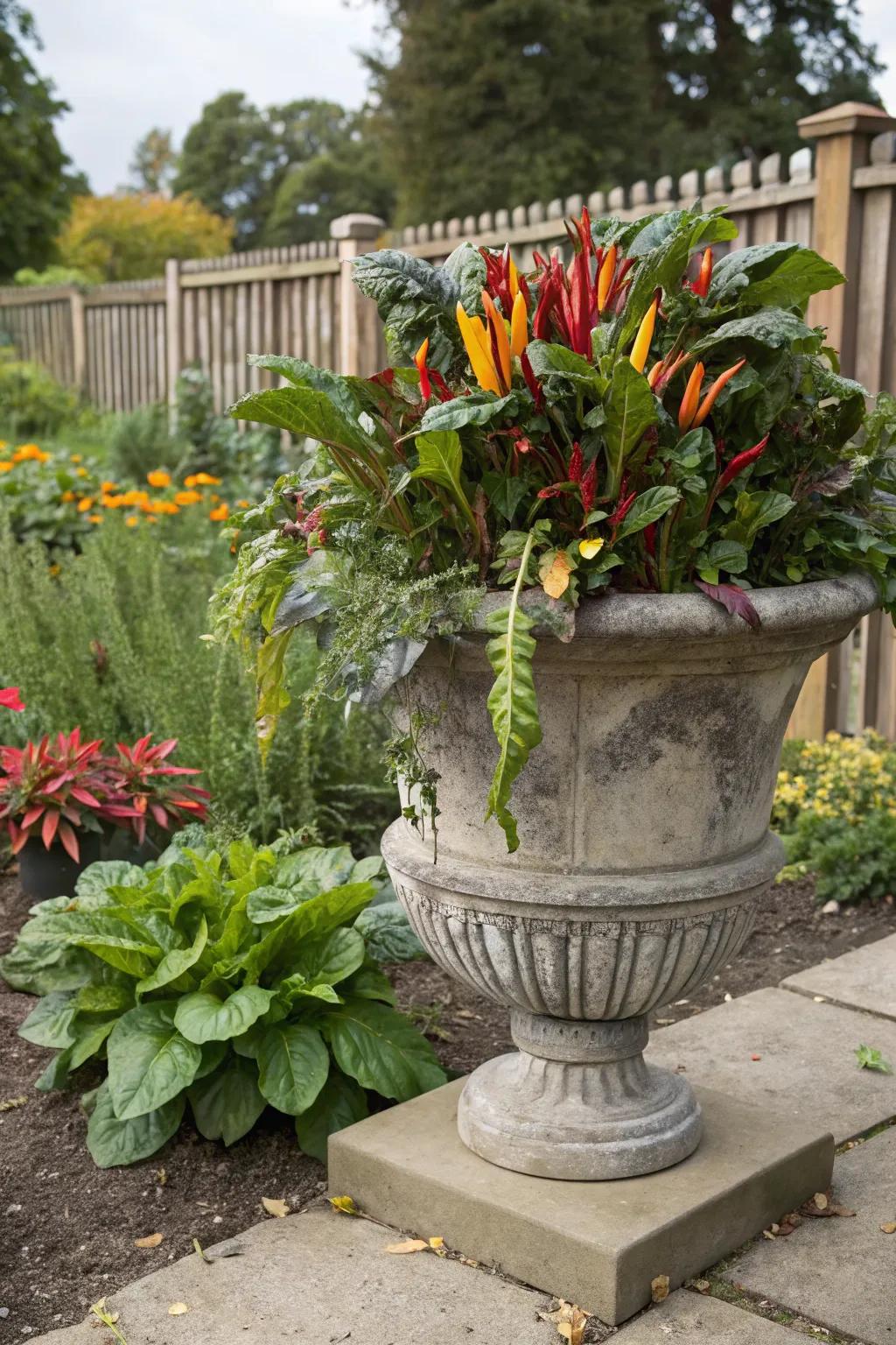Vibrant produce in an autumn vessel.
