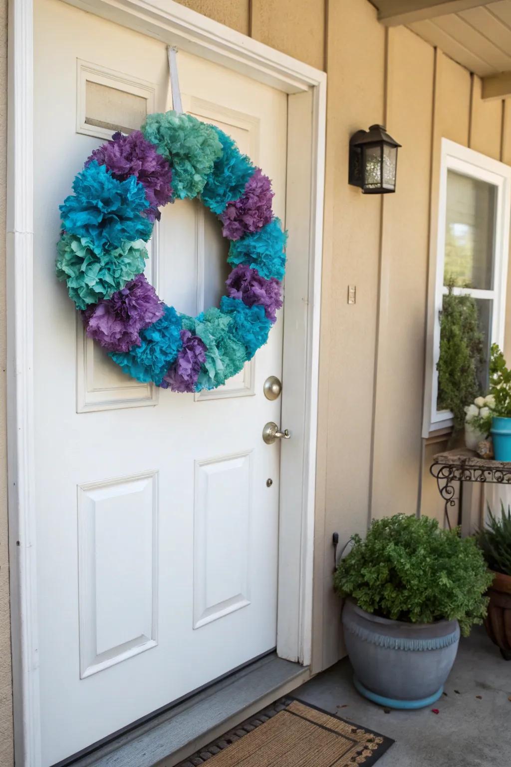 Pigmented java strainers fashion a colorful and textured wreath.