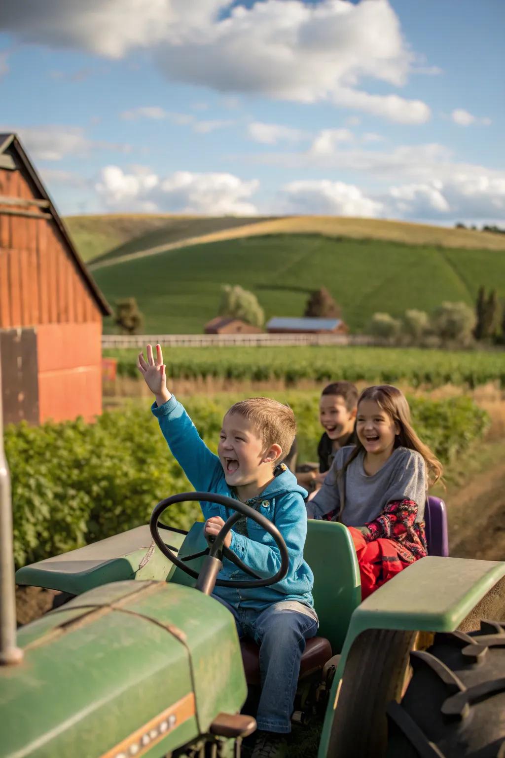 Tractor trips furnish an exhilarating farm involvement for party guests.