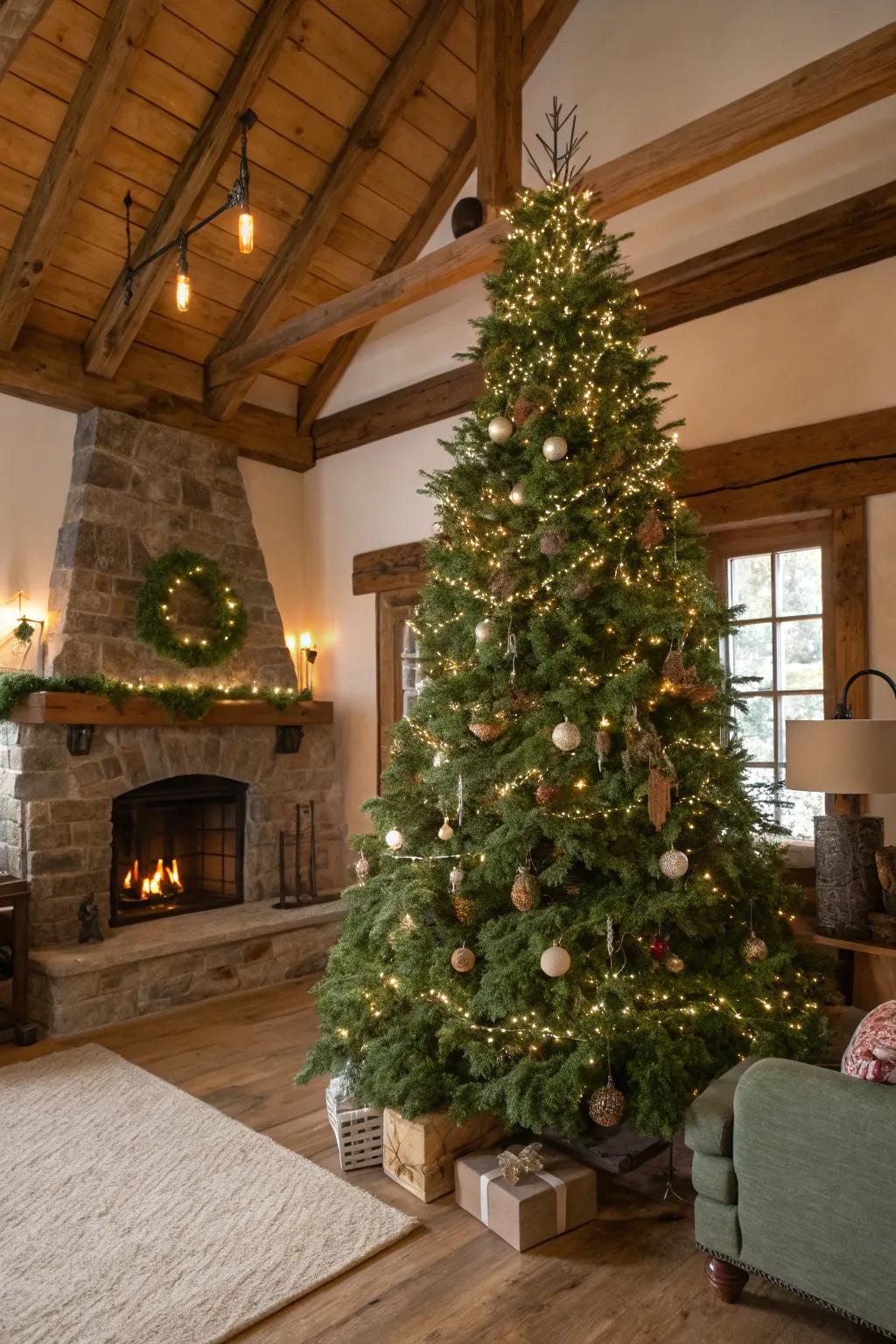 Verdant wreaths introduce texture and depth to this farmhouse Christmas tree.