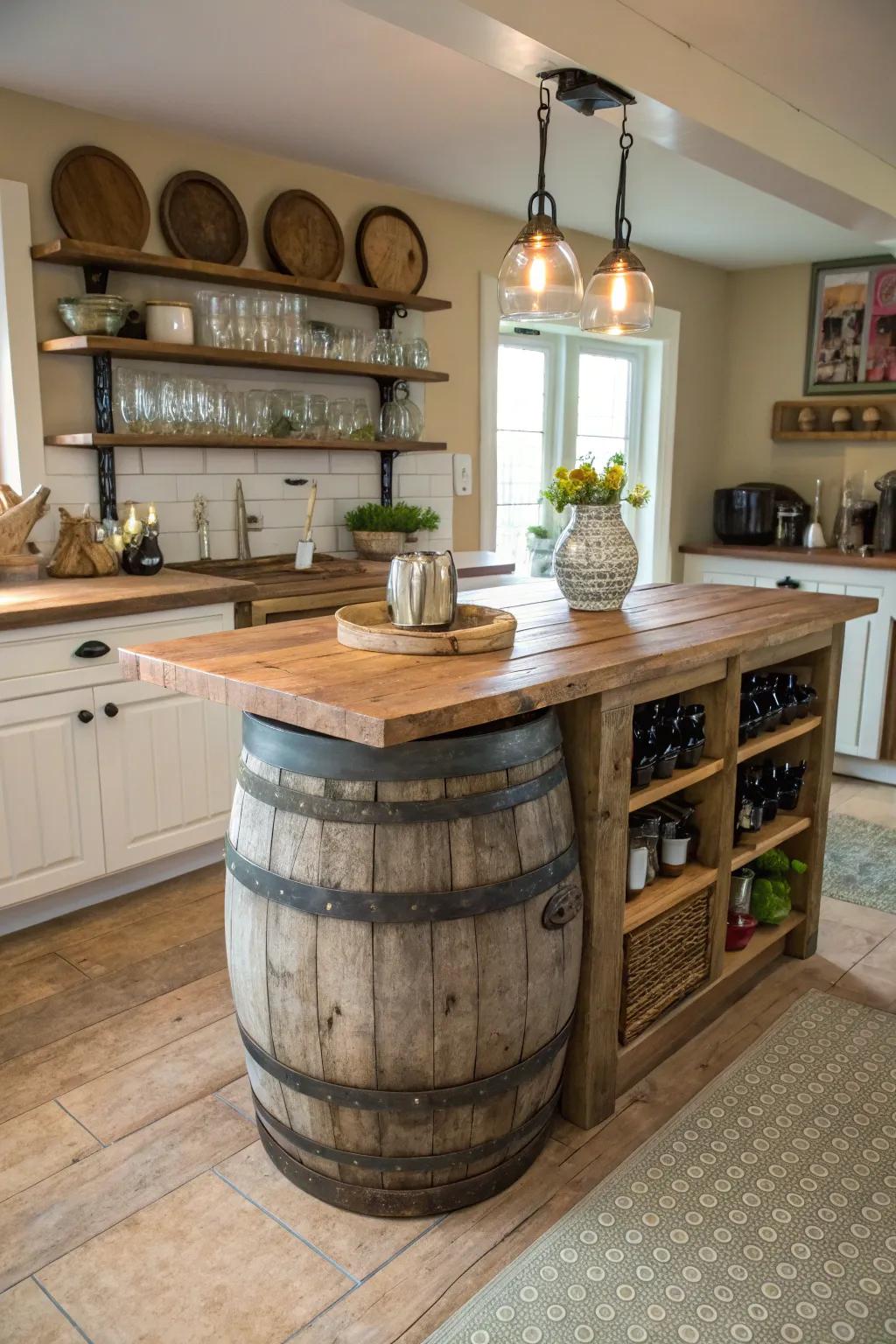 A wine barrel base adds character and vineyard charm to the farmhouse kitchen.