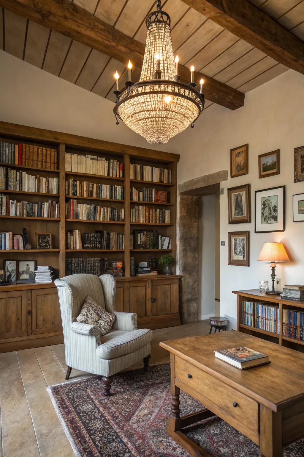 A statement chandelier brings elegance and is a point of focus.