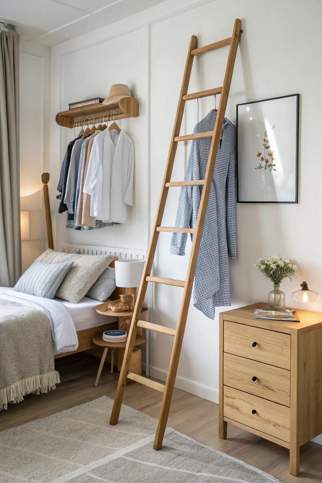 Functional clothes rack made from a ladder