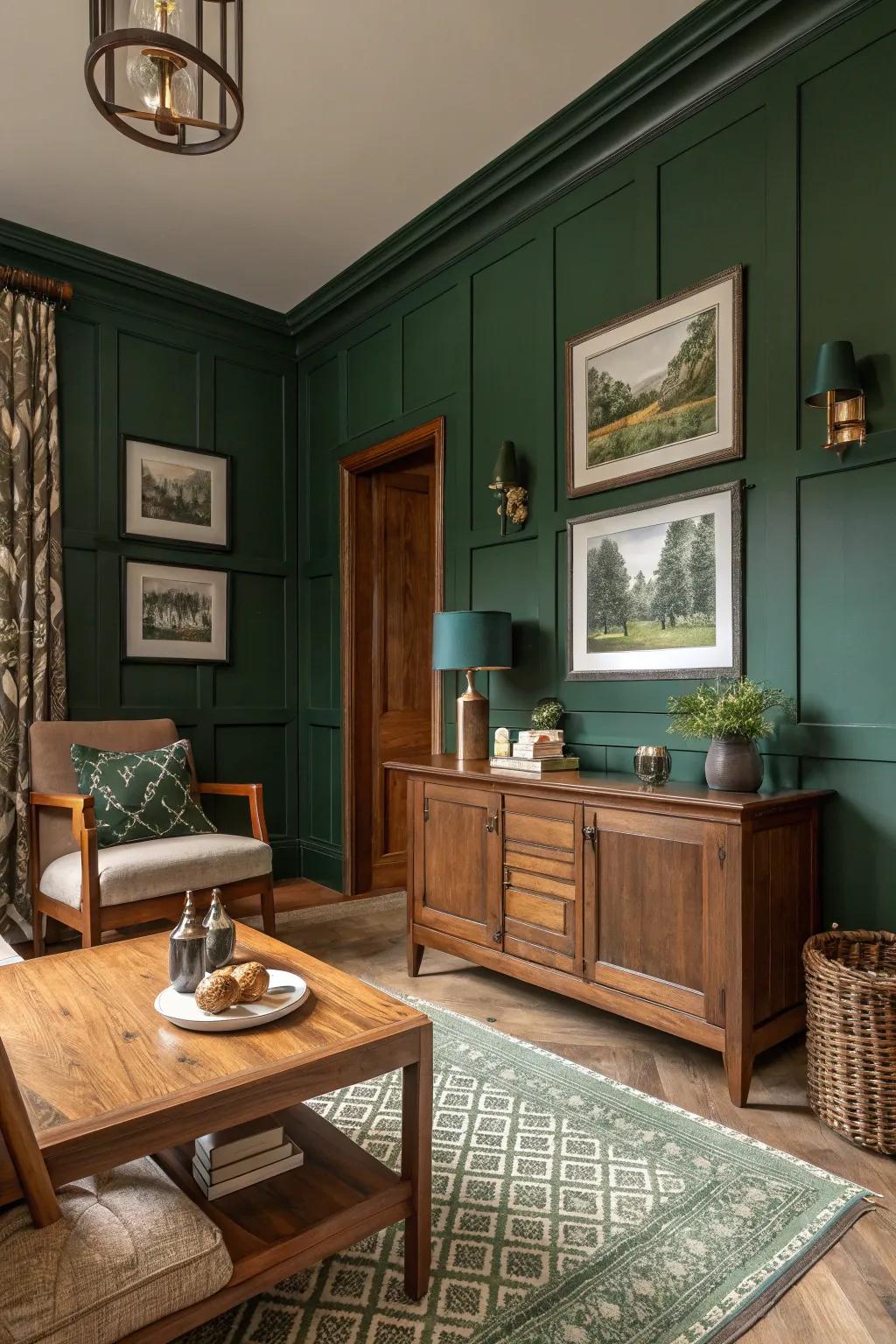 Forest green walls make an eye-catching statement in this country setting.