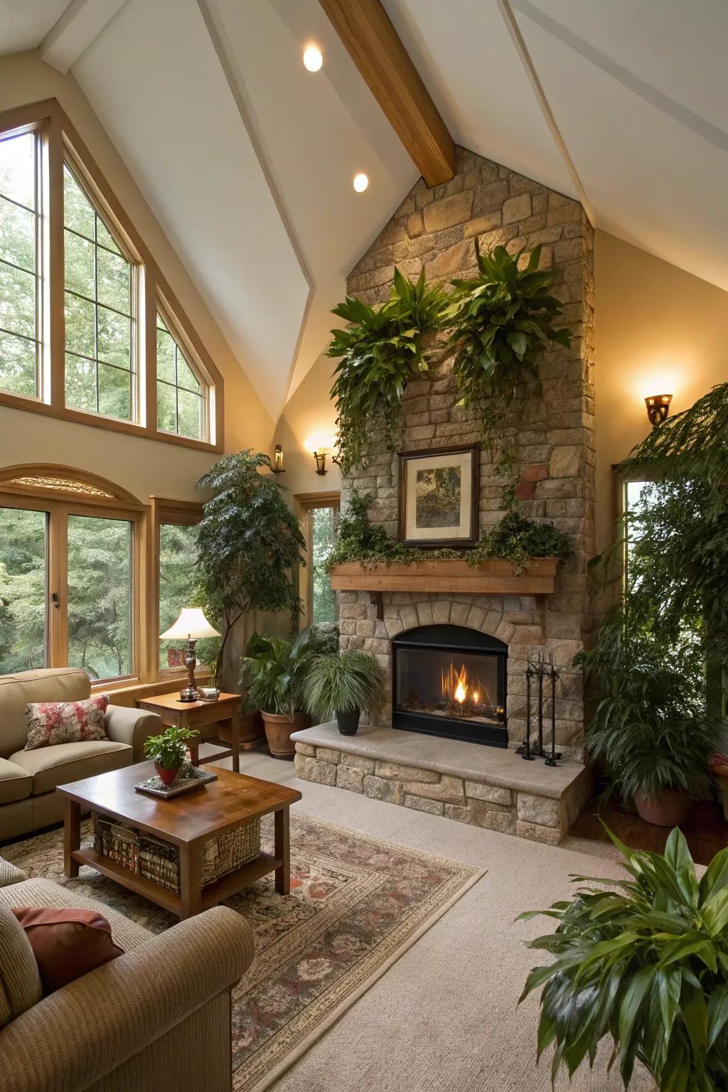 Greenery surrounding a fireplace, creating a natural ambiance.