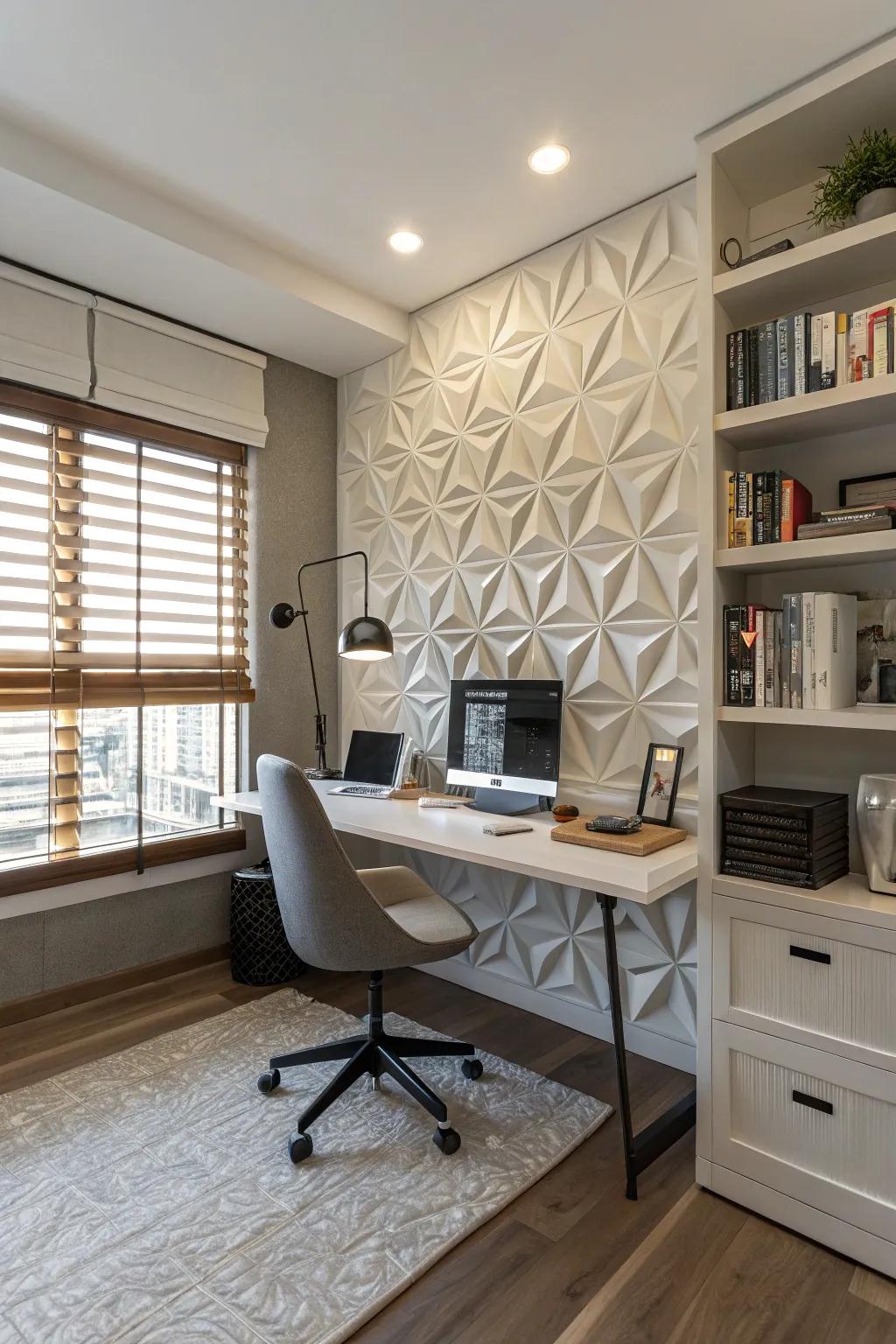 3D panels add considerable texture and elevated flair to the design of this workplace.