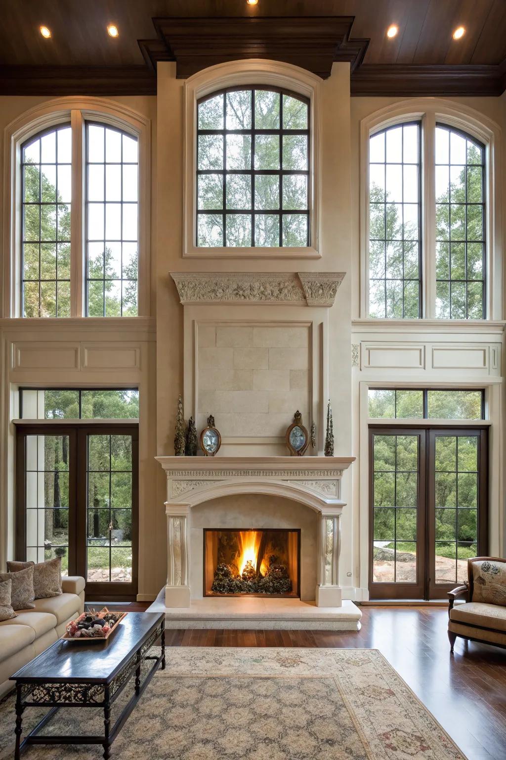 The fireplace's bold design is highlighted by expansive windows.