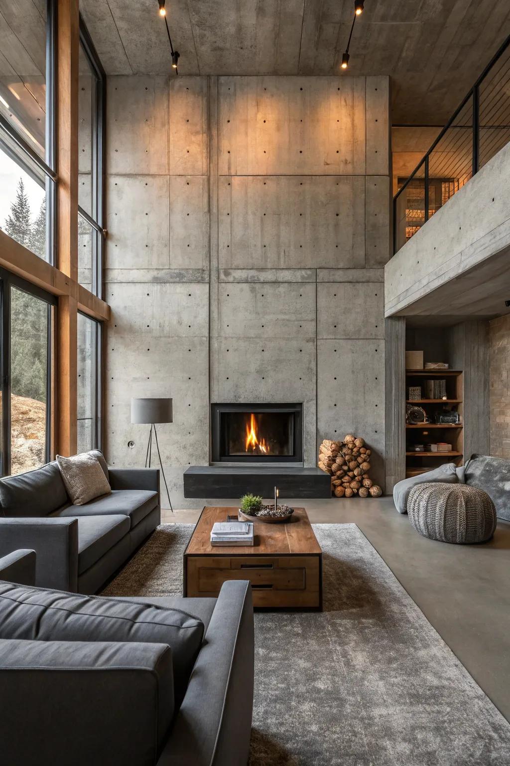 An urban chic living space showcasing a fireplace encompassed by a concrete surround.