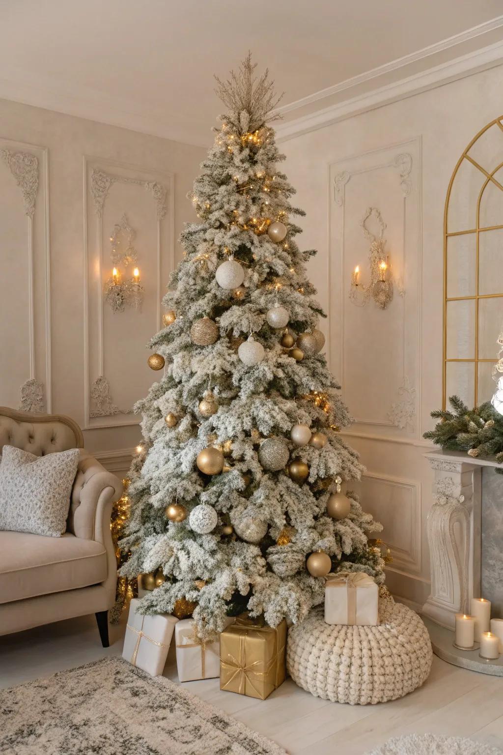A flocked Christmas tree with a glitzy neutral theme.