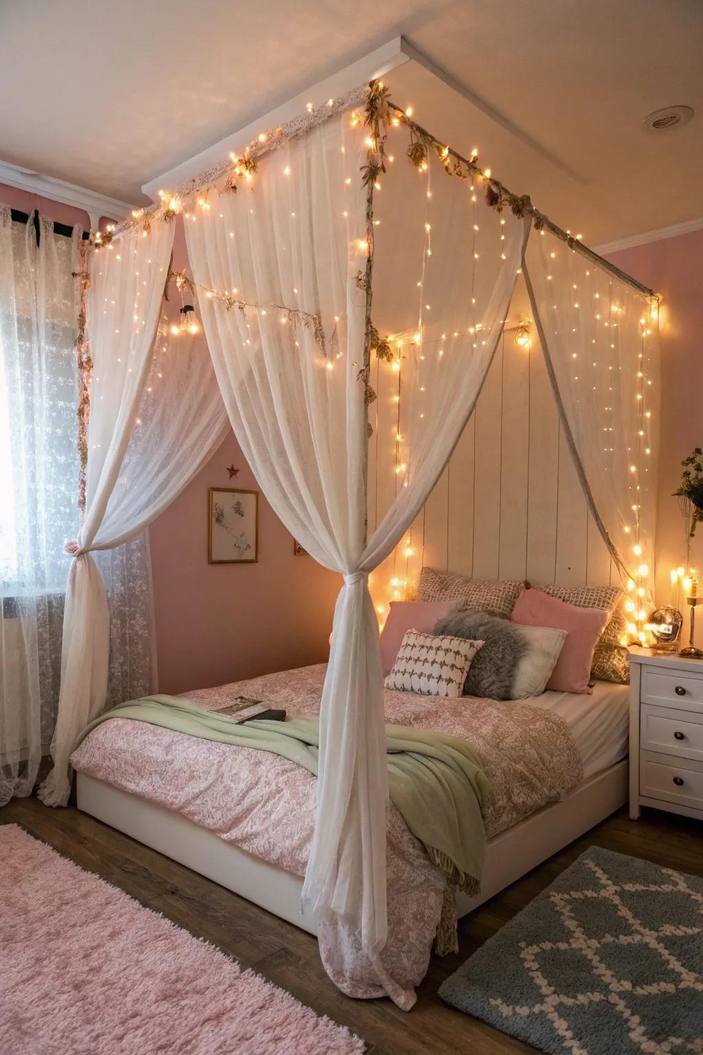 A canopy adds a dreamy ambiance to a small space.