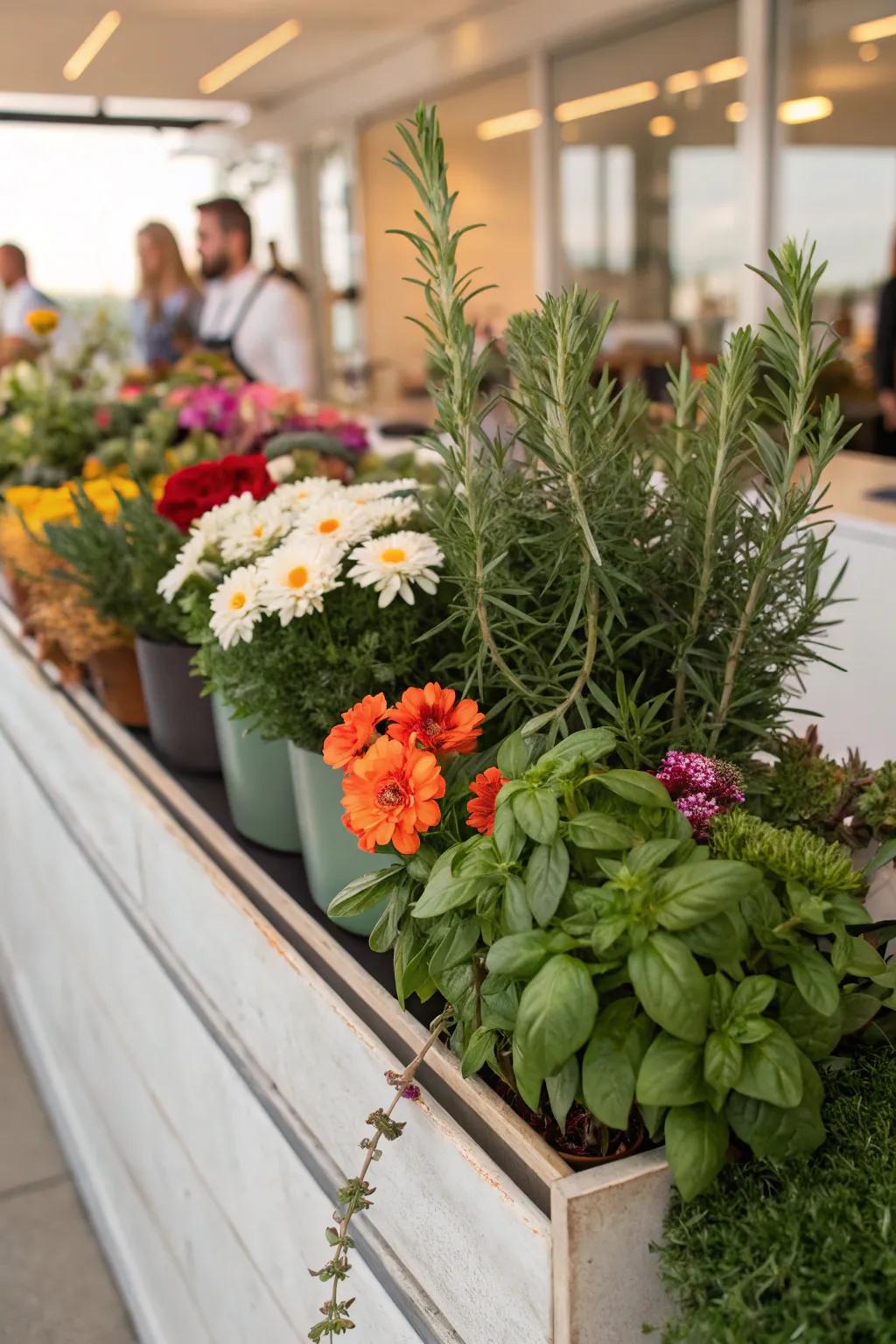 Herbs contribute a fragrant and edible aspect to your flower bar.