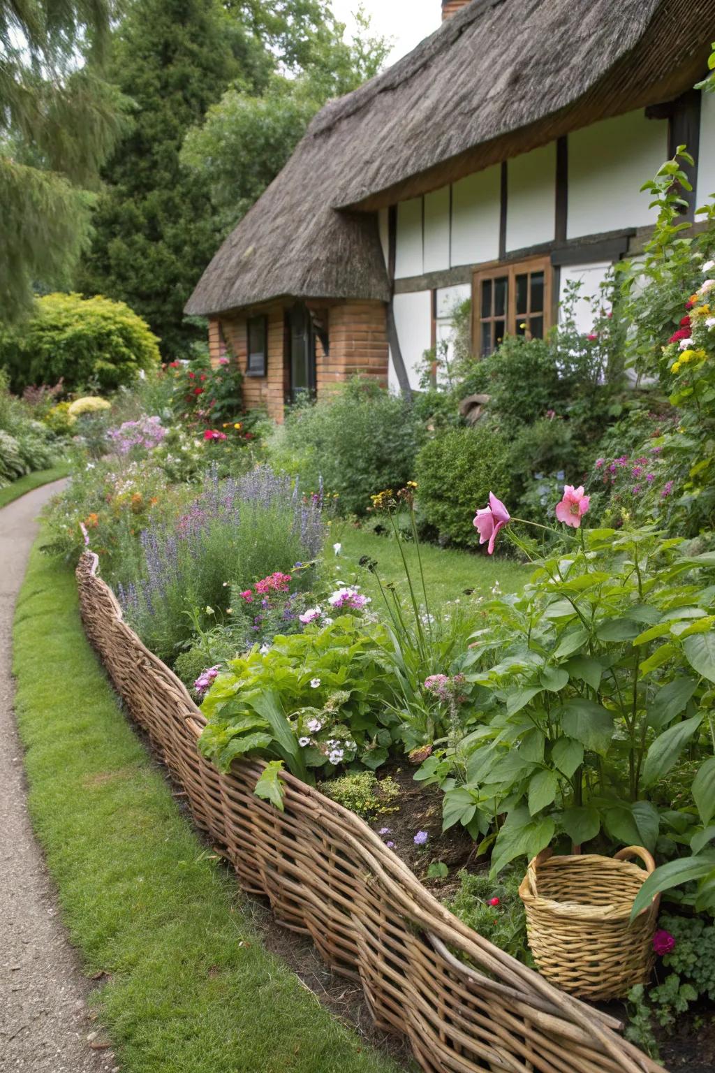 Braided twig limbs offer a charming, cottage-inspired border for flower patches.