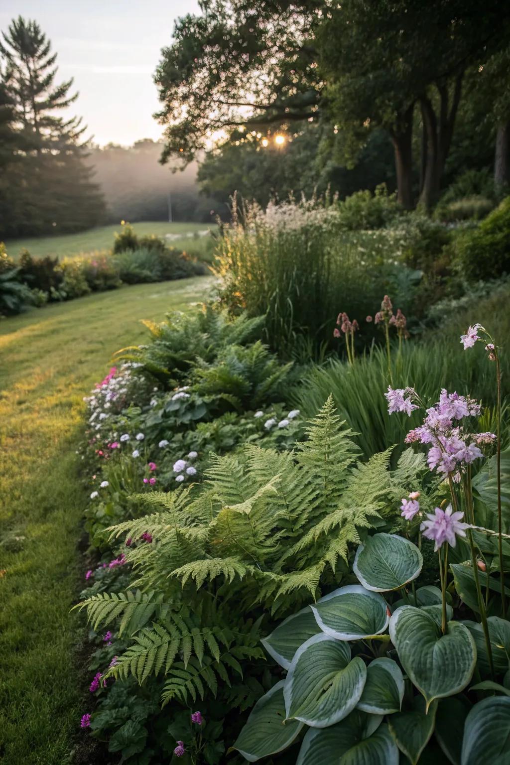 A lush floral border in a shady area featuring shade-tolerant plants like ferns and hostas.