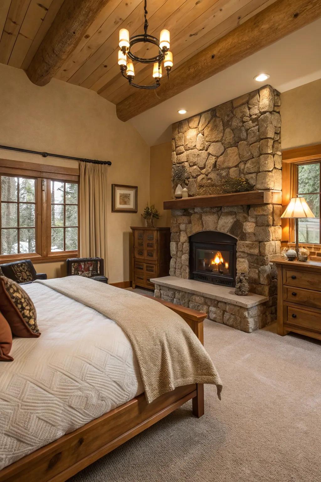 A fireplace adds warmth and a countryside focal point.