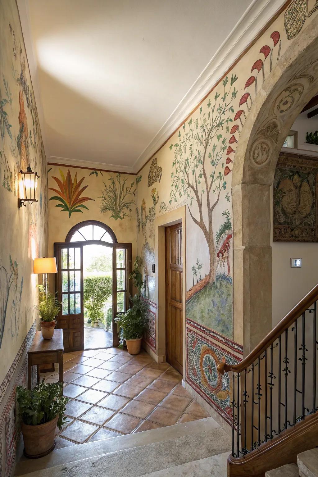 A hand-painted scene can transform an entryway into an artistic masterpiece.