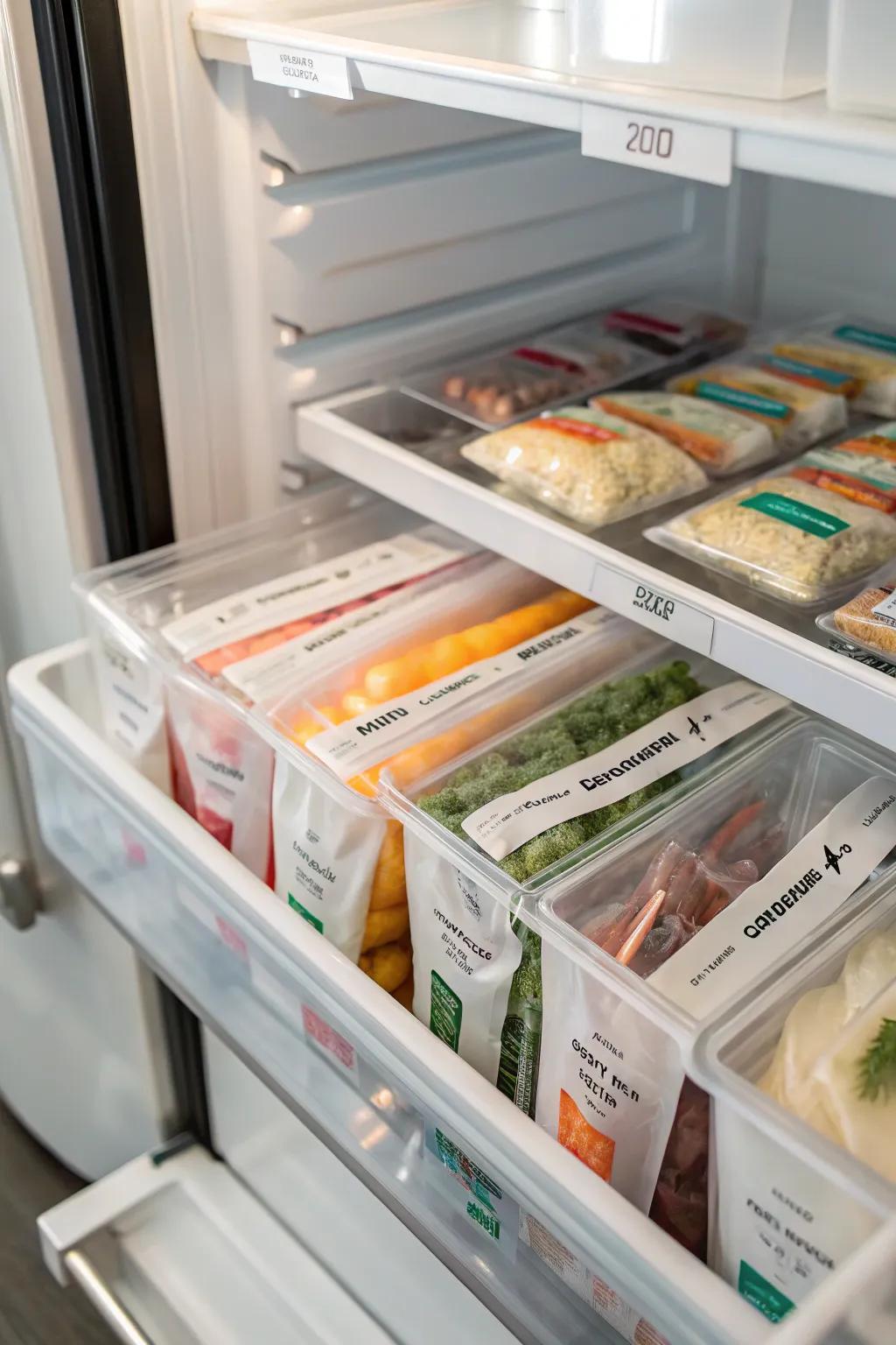 Organization and consolidation of food with reusable freezer bags.