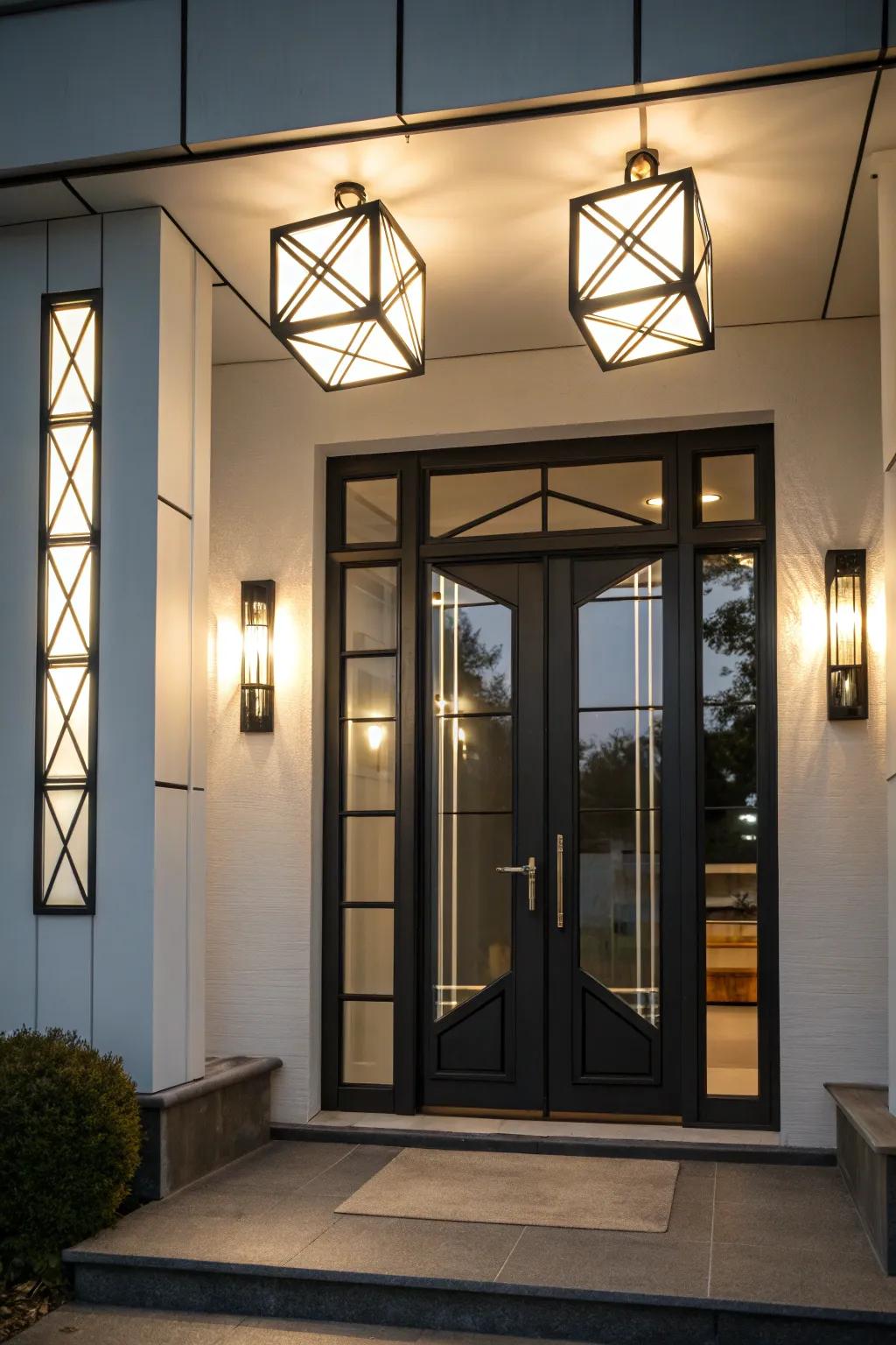 A modern twist is added through geometric lamps.