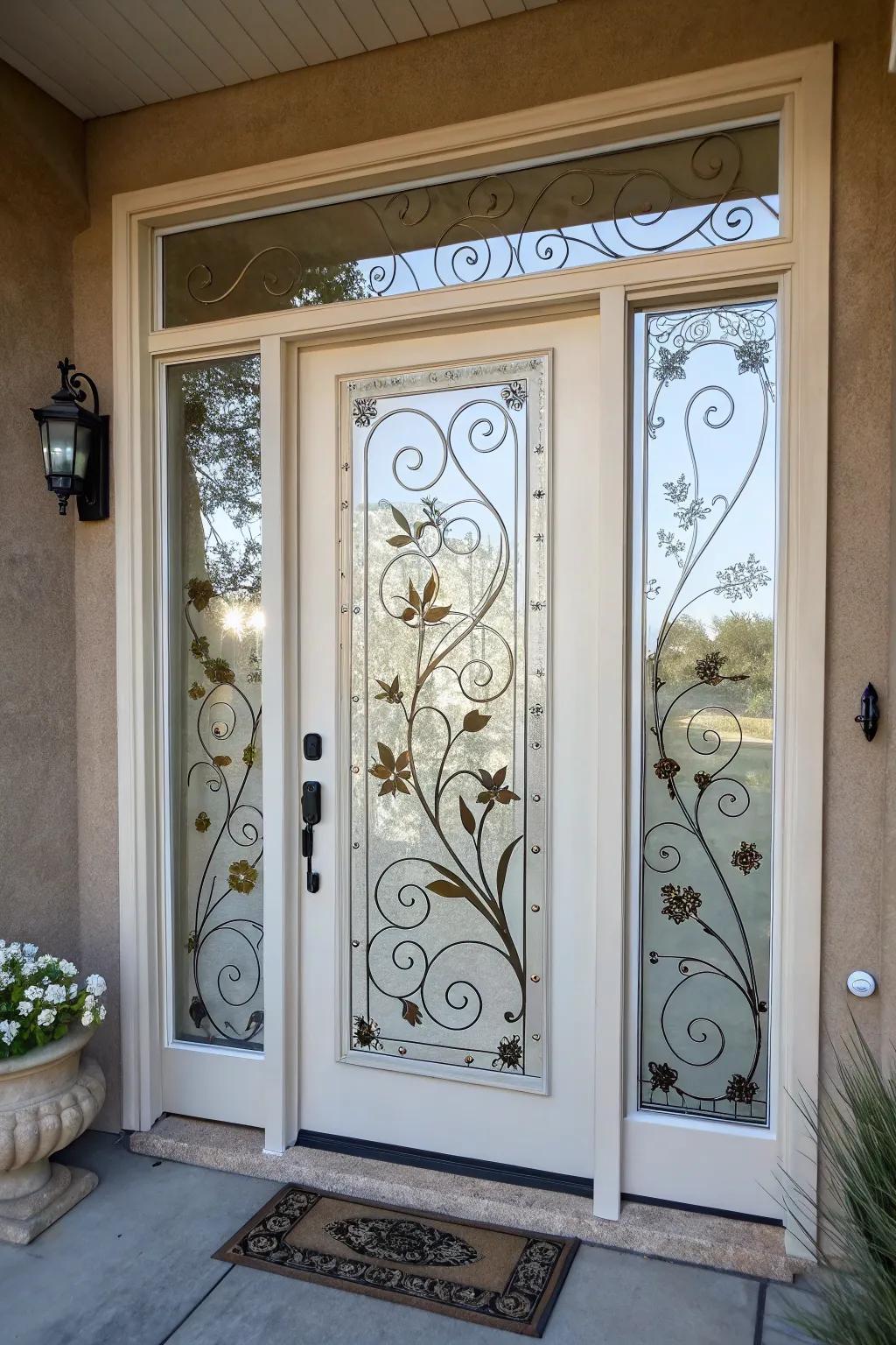 A front door featuring custom glass dye for a personalized privacy solution.