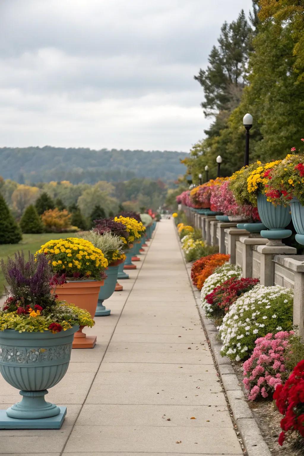 Planters with seasonal blooms add charm and vibrancy.