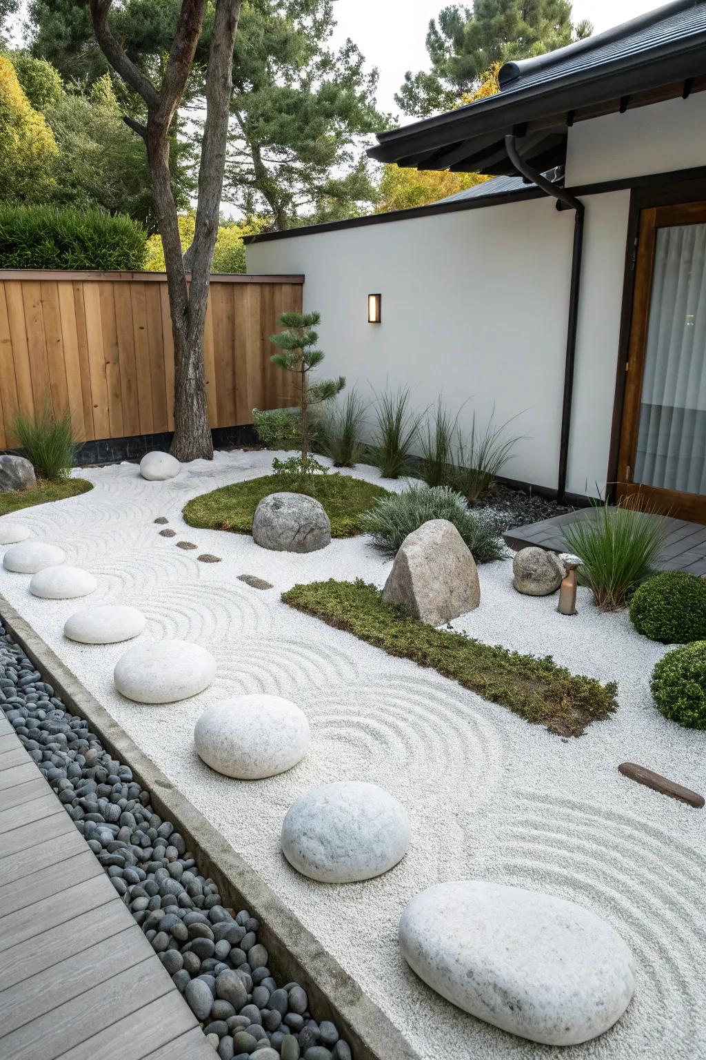 Discover tranquility in a Zen garden with alabaster stones.