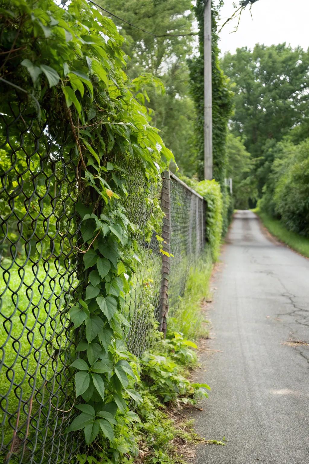 Vines and greenery transform a linked net boundary into a green retreat around the entrance.