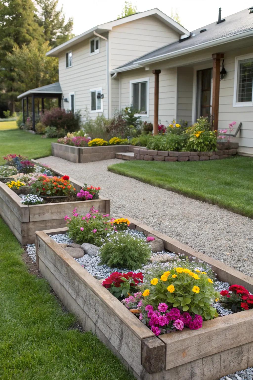 Uplifted garden beds brimming with gravel and blossoms foster aesthetic fascination.