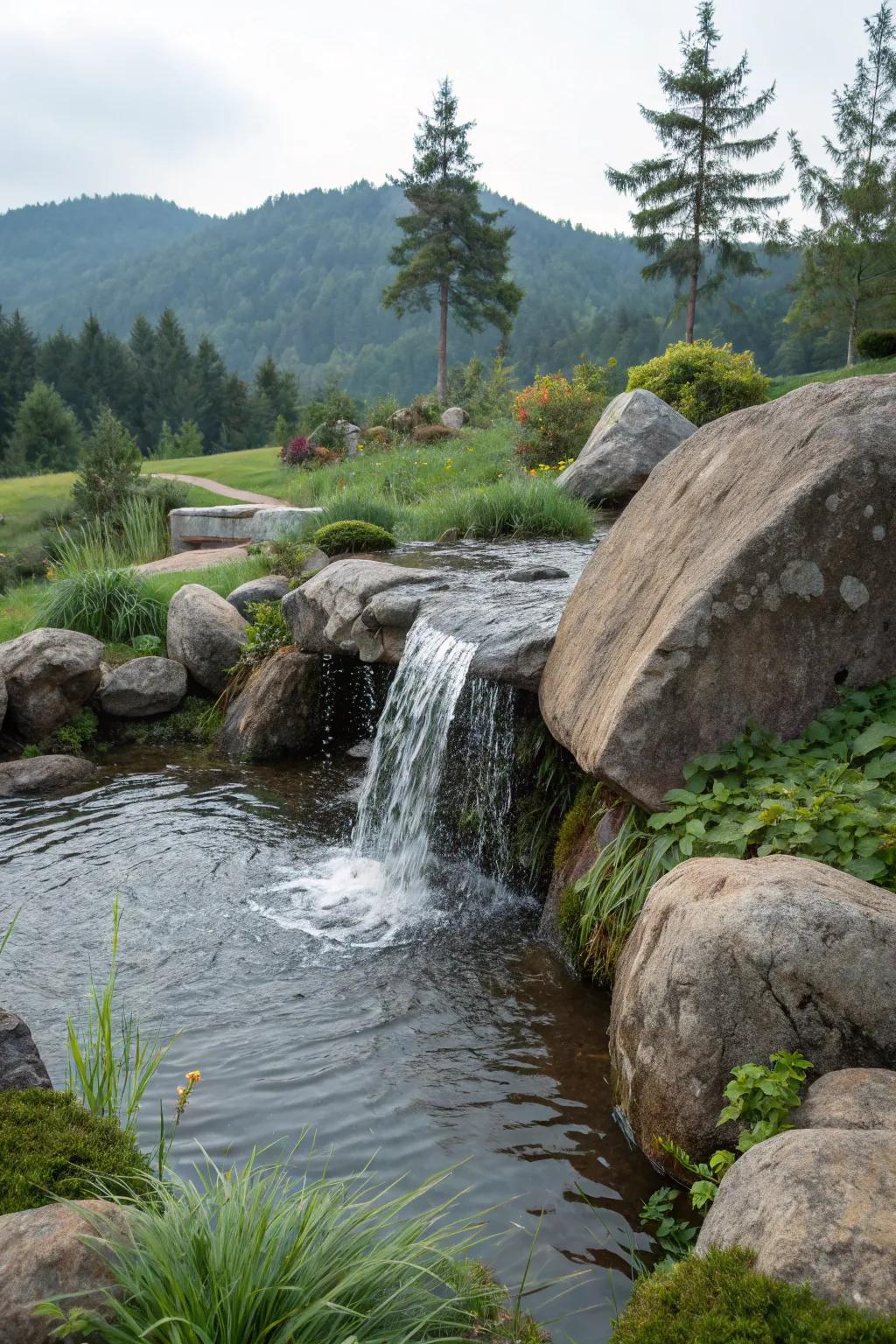 A tranquil water feature framed by nature's own stones.