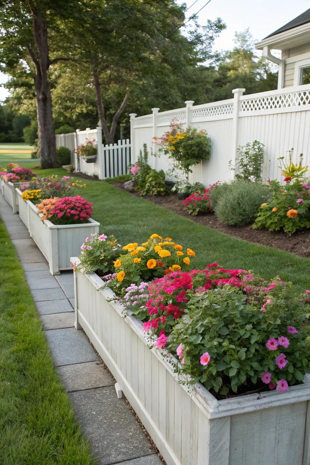 Raised planters elevate garden beds and enhance privacy.