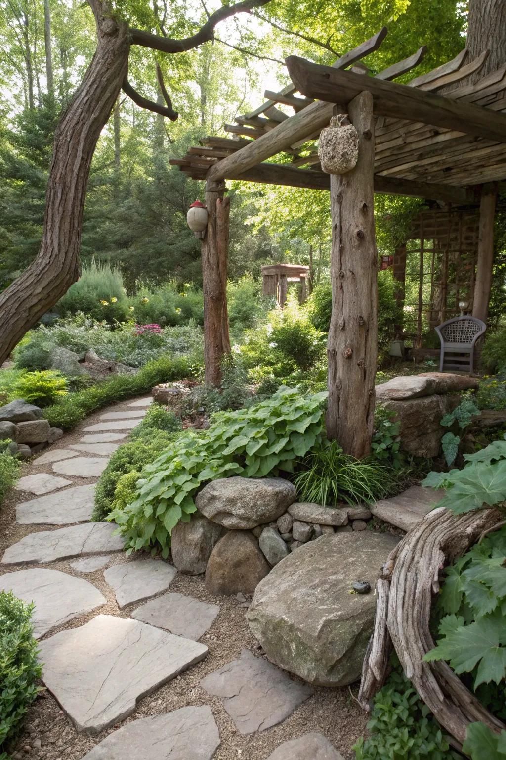 Natural materials enhance the landscape's rustic charm.