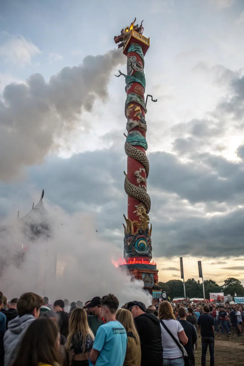 Totems featuring imaginary beings enchant and mesmerize festival attendees.