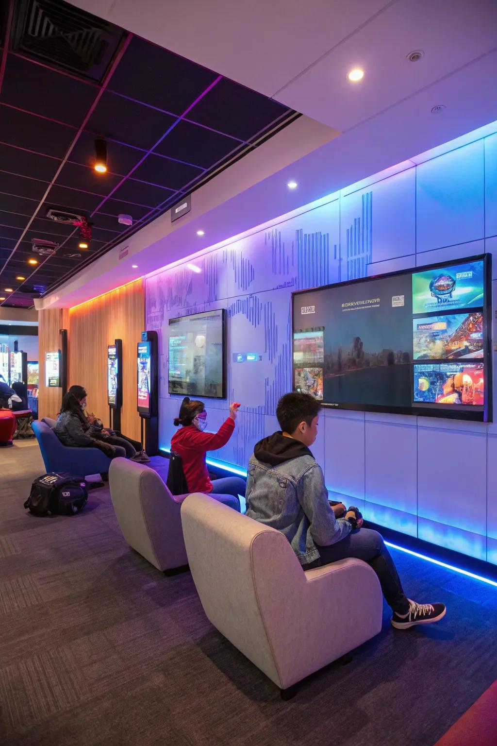 A tactile partition delivers a dynamic and captivating feature to the gaming lounge.