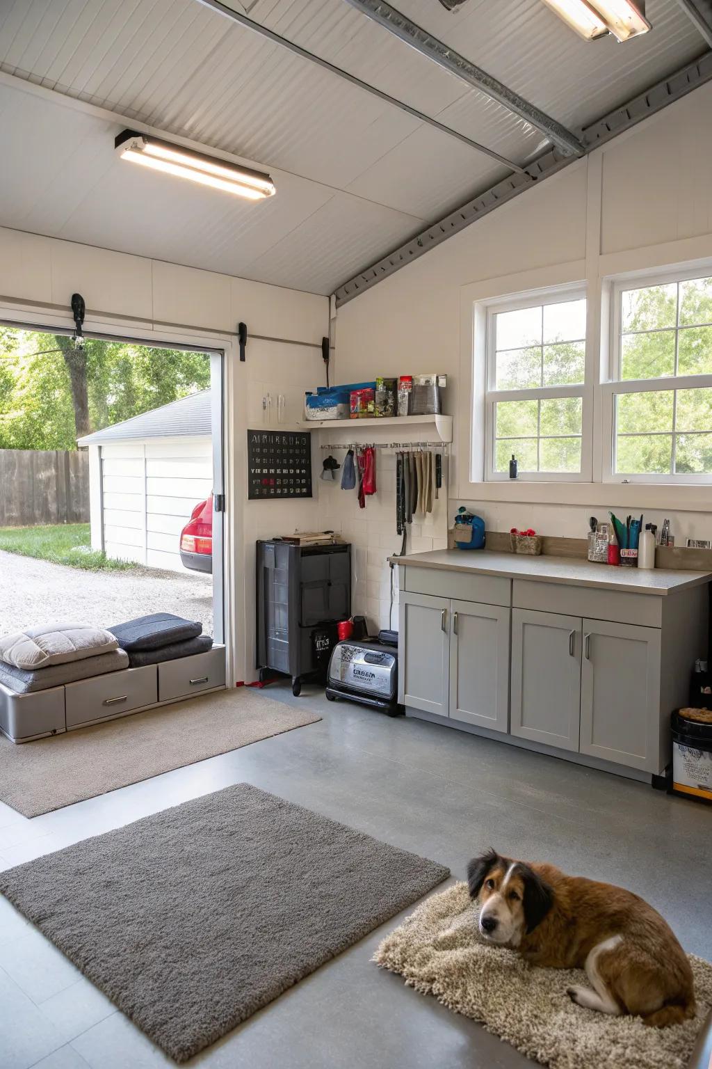 A garage space for animal care and comfort.