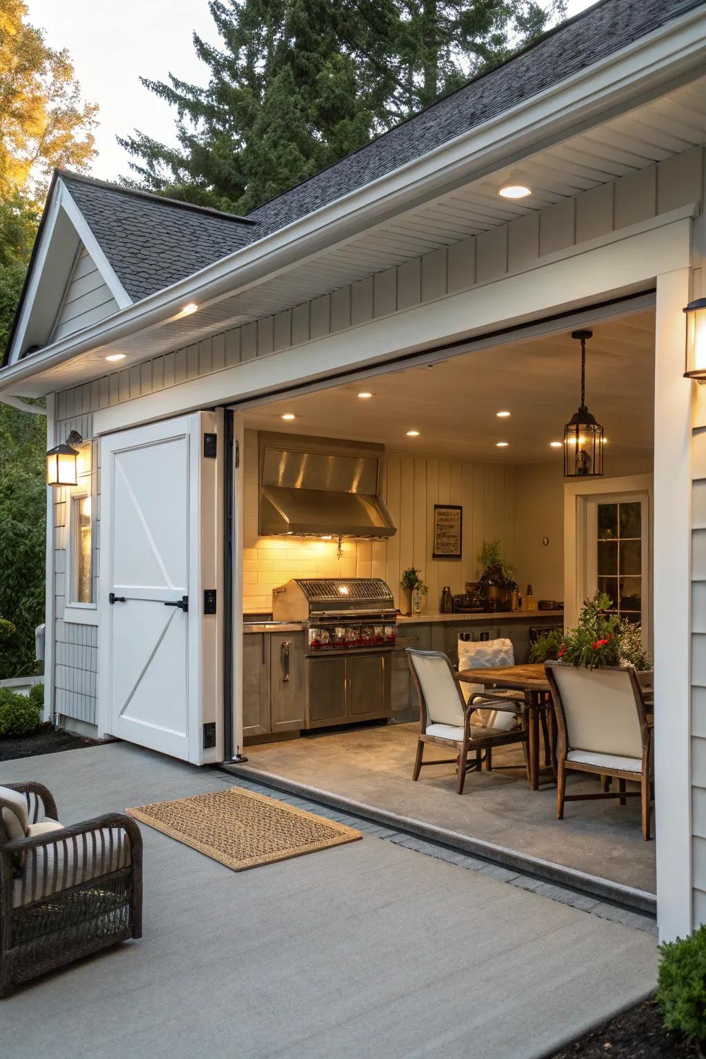 A protected outdoor kitchen extends the functionality of the garage.