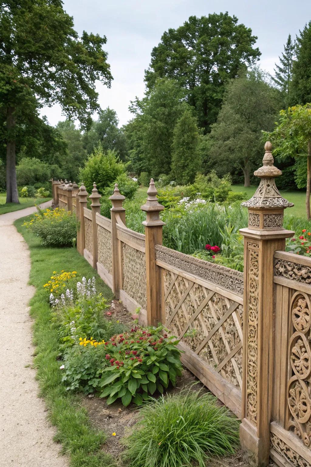 Bespoke carvings inject artistic expression into garden boundaries.