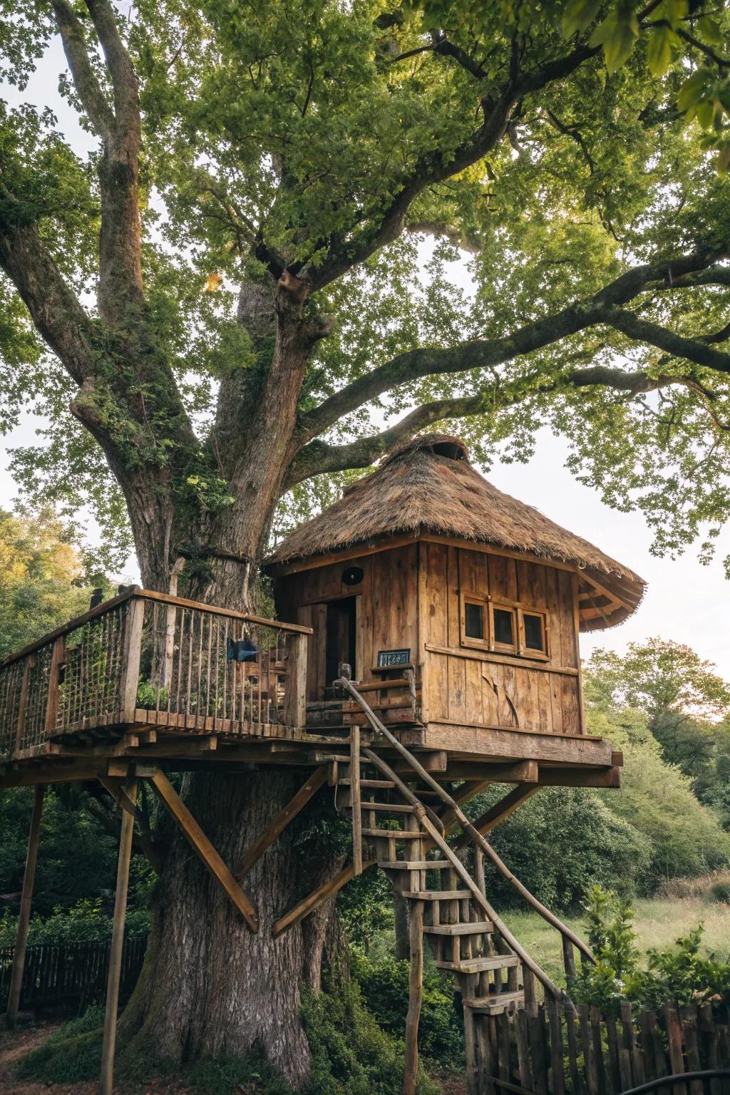 A quaint treehouse nestled serenely within a backyard tree.