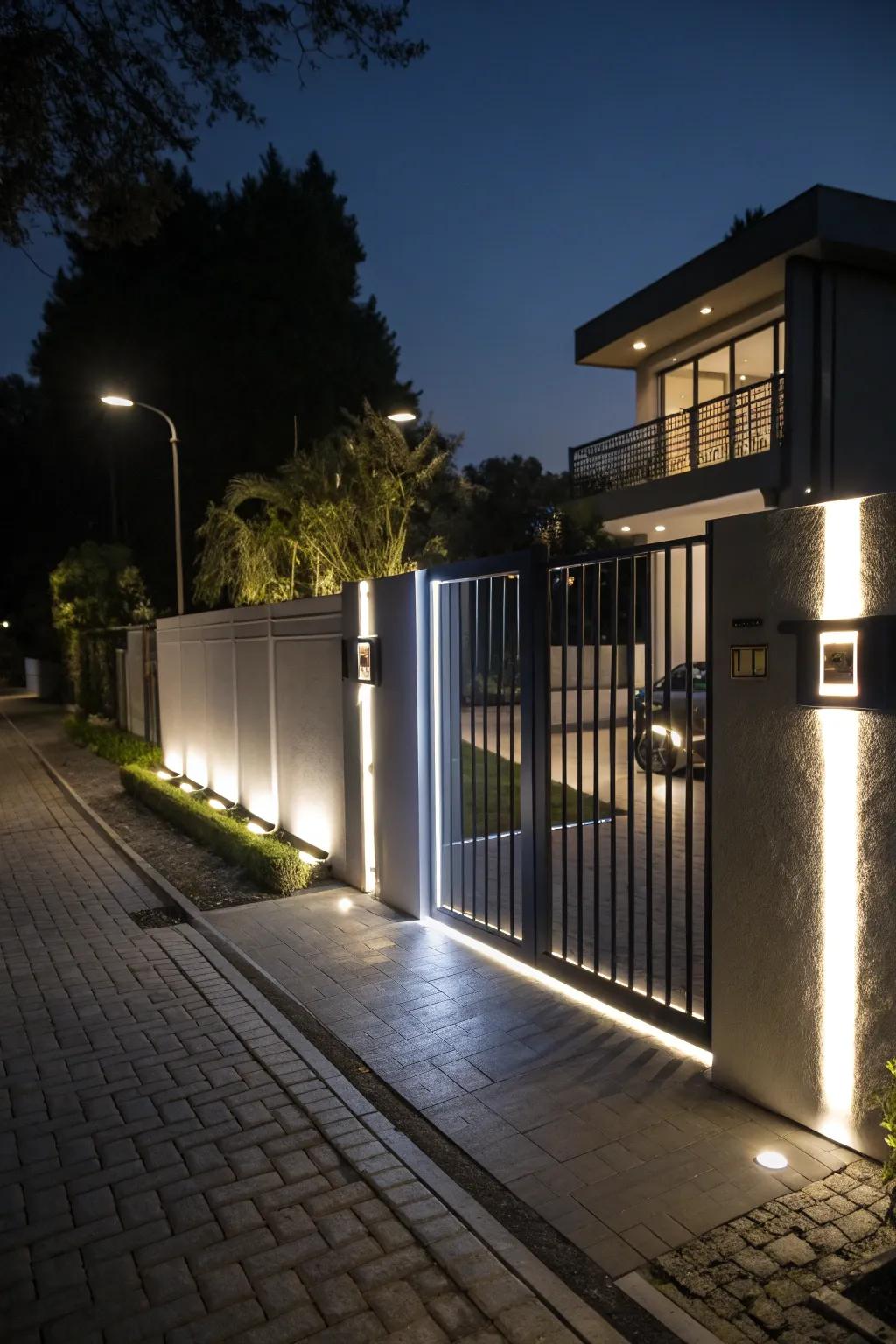 Integrated illumination transforming your gate into a nighttime spectacle.