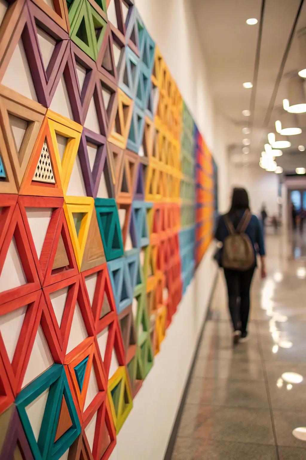 Layered geometric art adds depth and intrigue to the room.