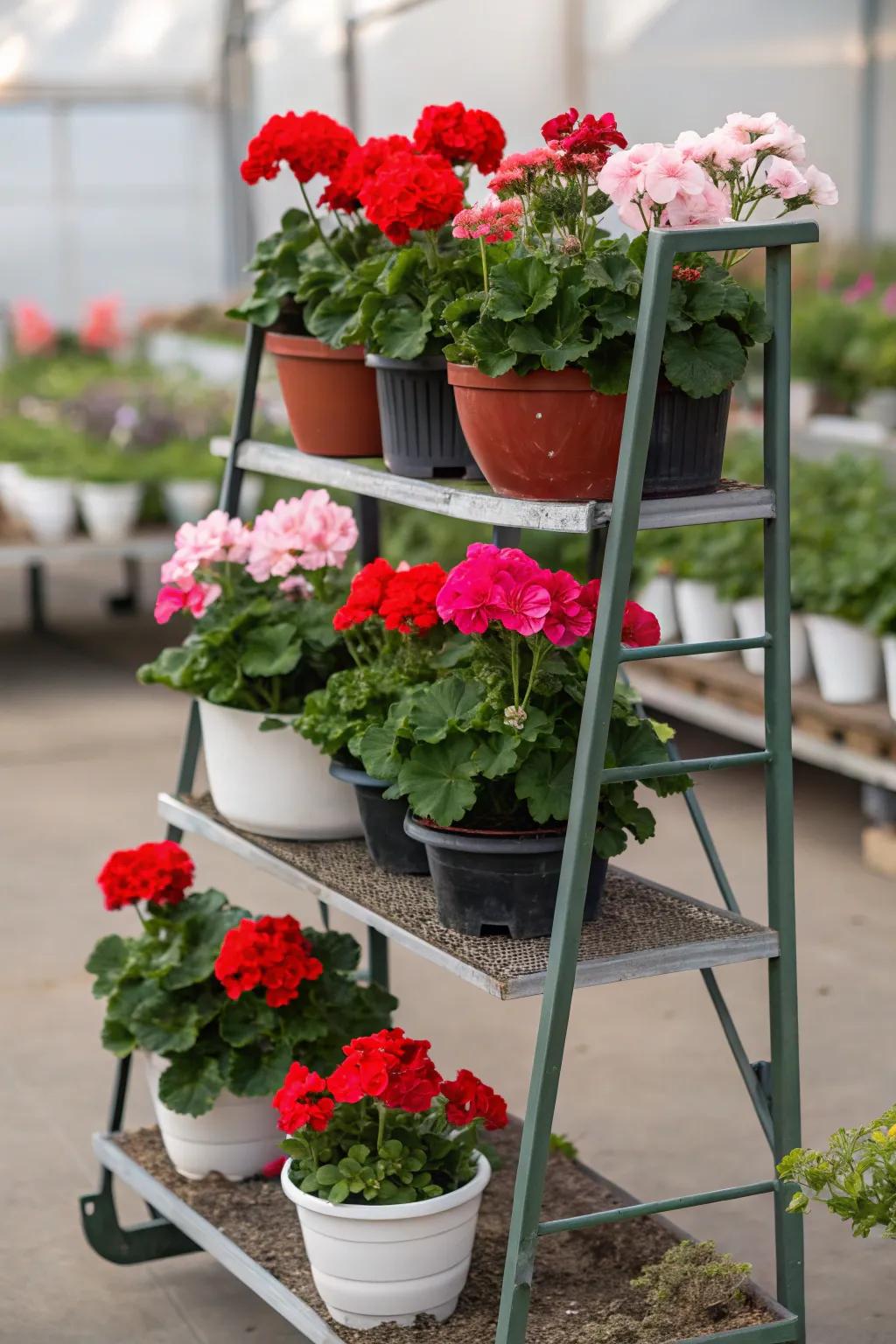A stacked botanical stage displaying a vibrant variety of geraniums in assorted containers.