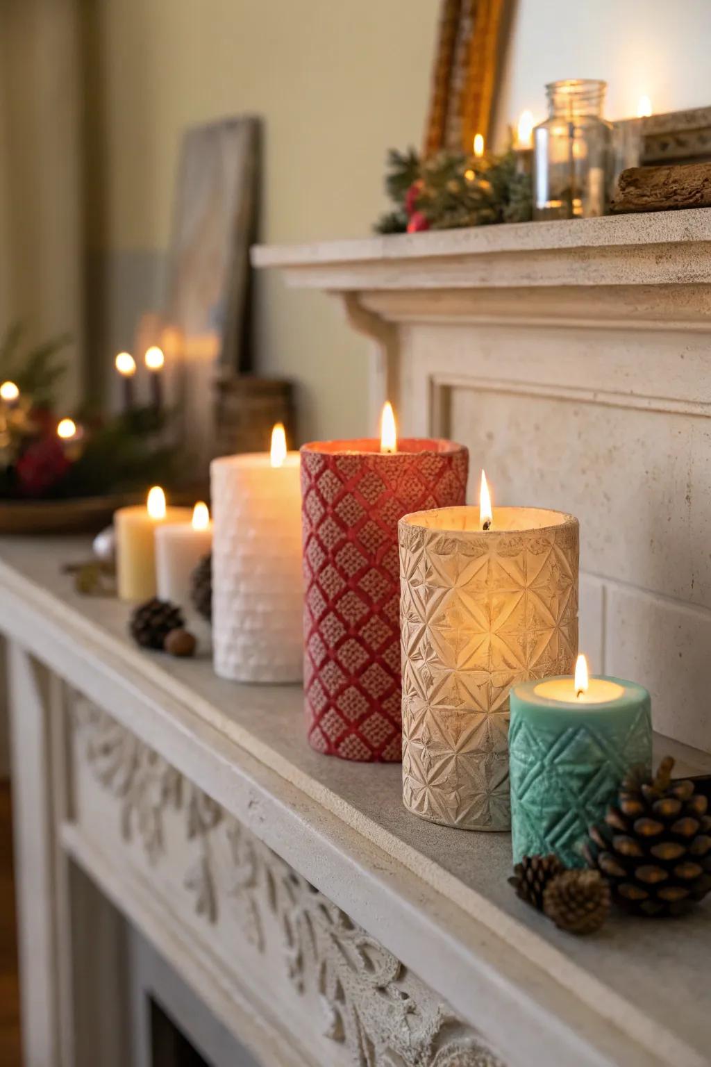 Festive scented candles casting a warm and inviting glow.