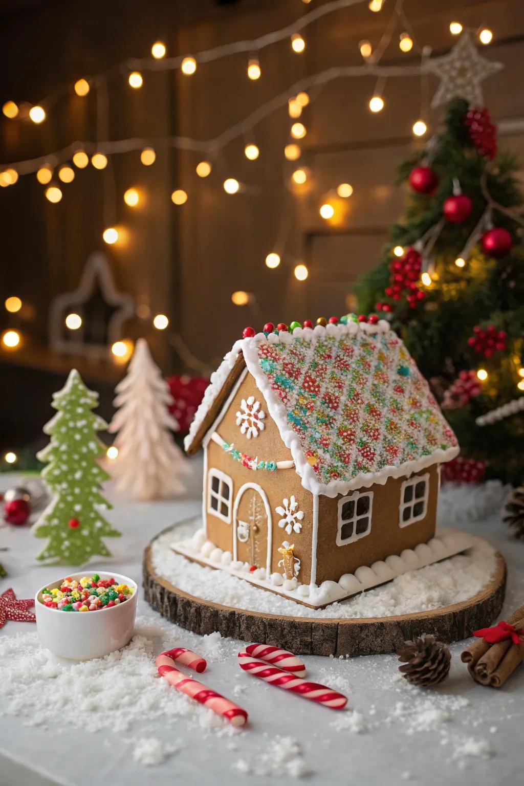 Decorative topping fragments bring enjoyment and hue to gingerbread house roofs.