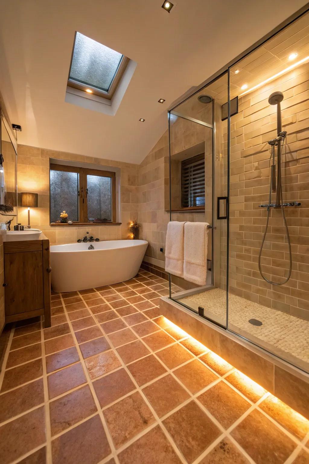 A cozy bathroom scene highlighting heated floor tiles.