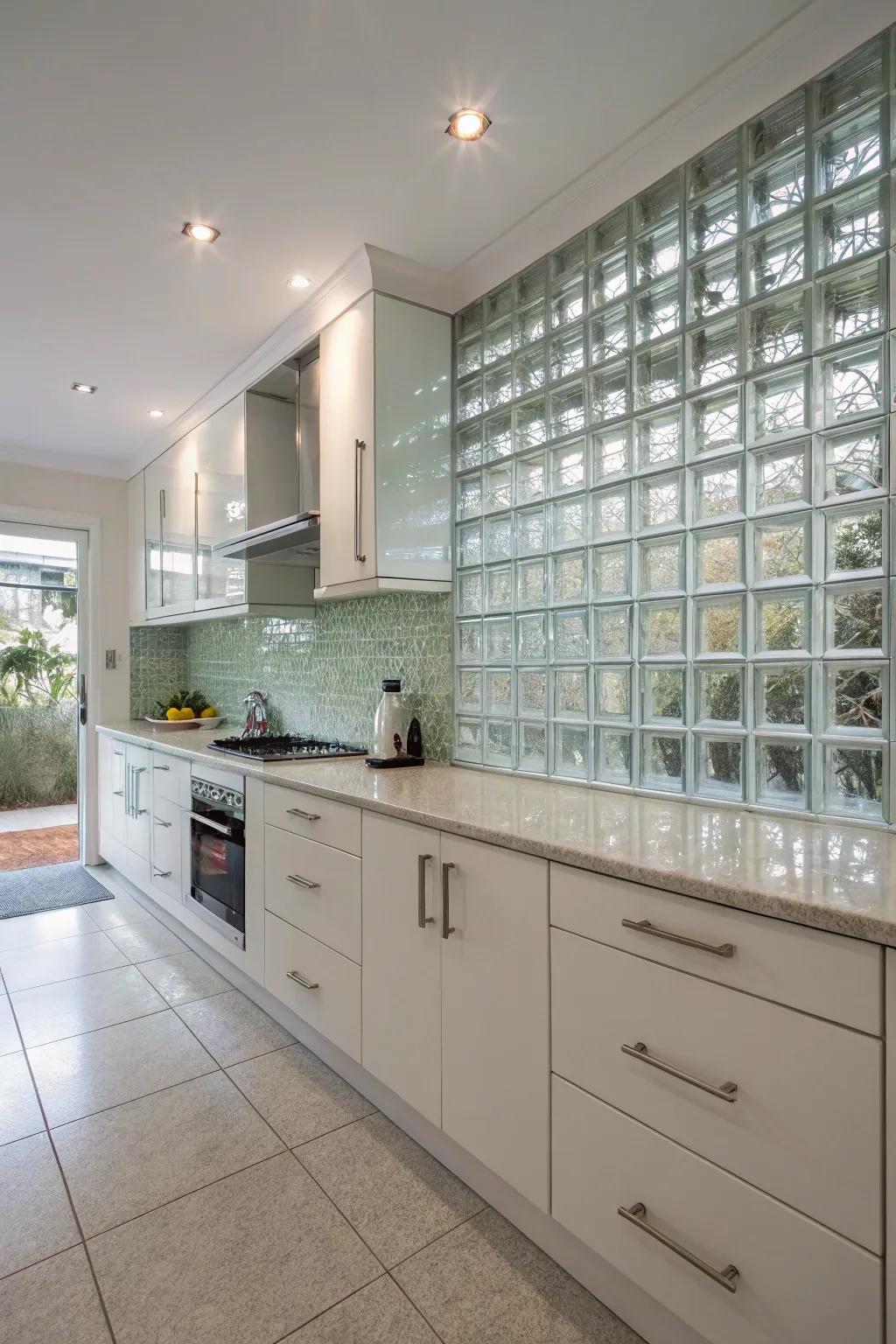 A kitchen featuring a crystal cube backsplash, providing a modern, bright, and easy-to-clean surface.