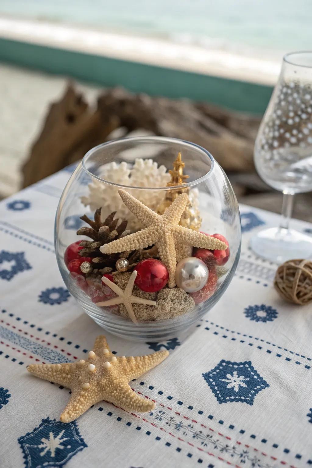 A littoral-inspired Yuletide motif housed within a crystalline bowl.