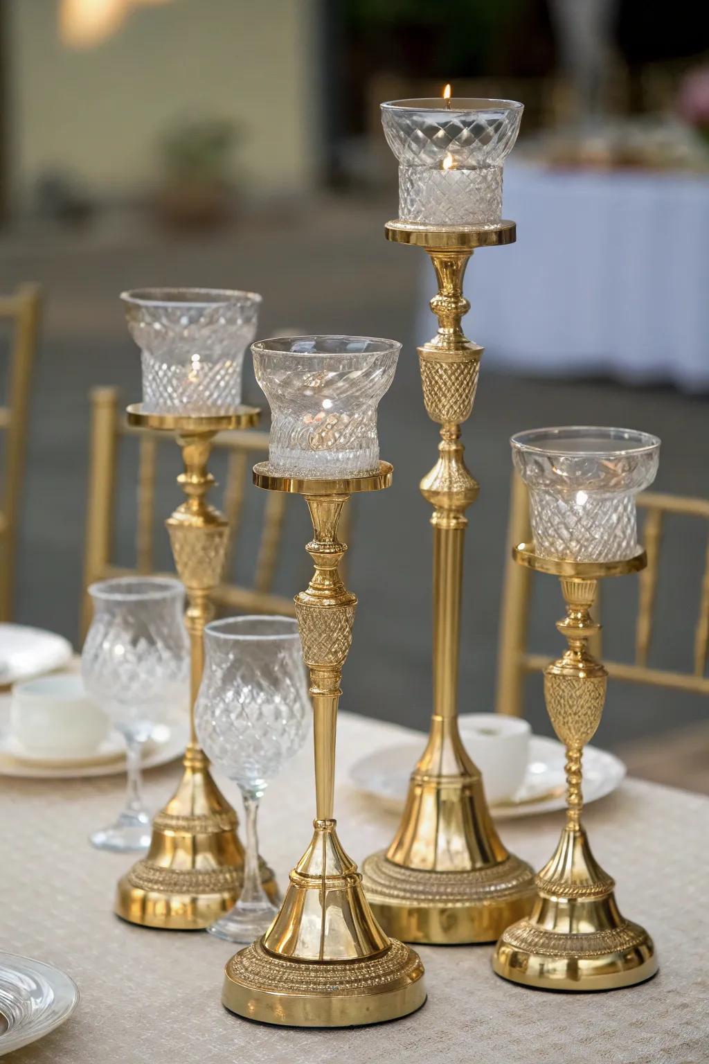 Layered elegance through gilded and crystal light holders.