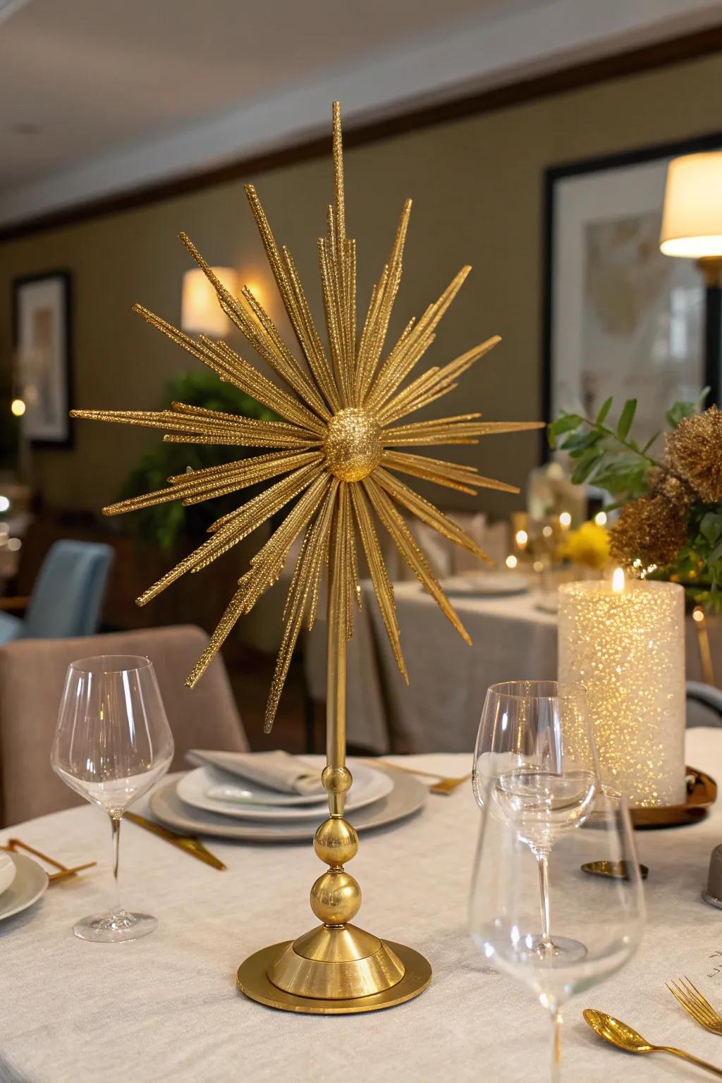 Dazzling gilded radiating sculpture as a focus point.