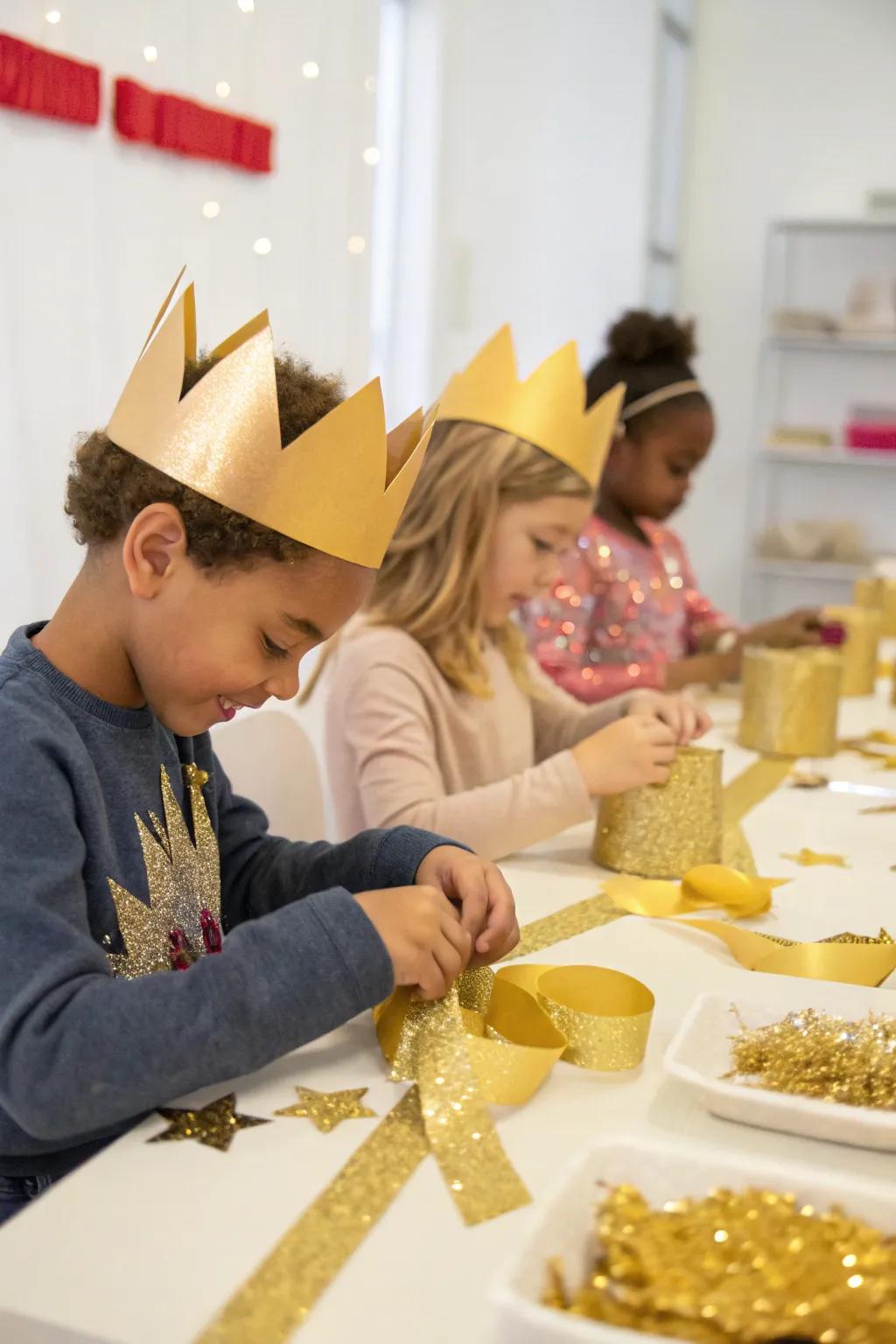 Creative fun with a golden crown-making station.