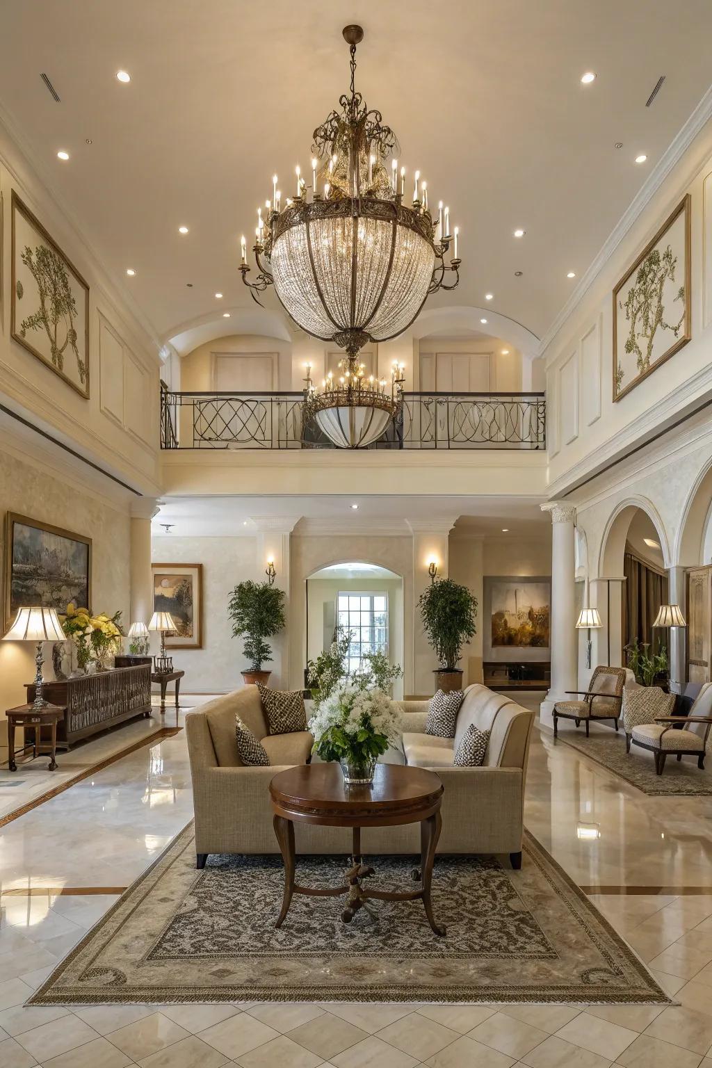 Symmetrical arrangements fashion a balanced and harmonious grand foyer.